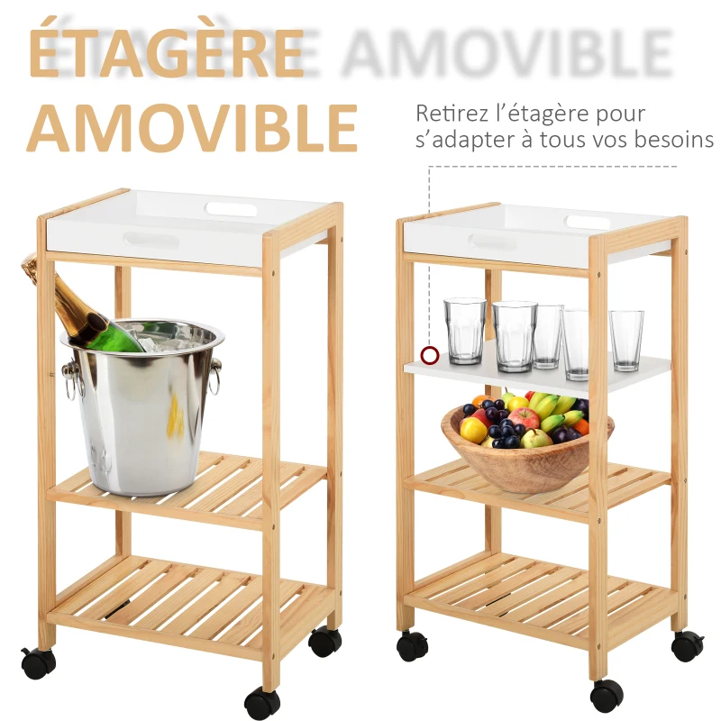 HOMCOM Chariot de service desserte de cuisine à roulettes 3 étagères + plateau amovible bois de pin MDF blanc