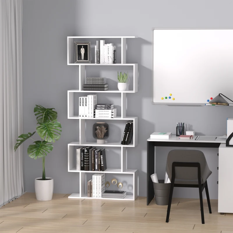HOMCOM Wooden Wood S Shape Storage Display 6 Shelves Room Divider Unit Chest Bookshelf Bookcase Cupboard Cabinet Home Office Furniture (White)