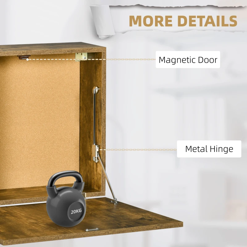 HOMCOM Birou montat pe perete , suspendat, masa pliabila,cu rafturi de depozitare pentru spatii mici, maro rustic