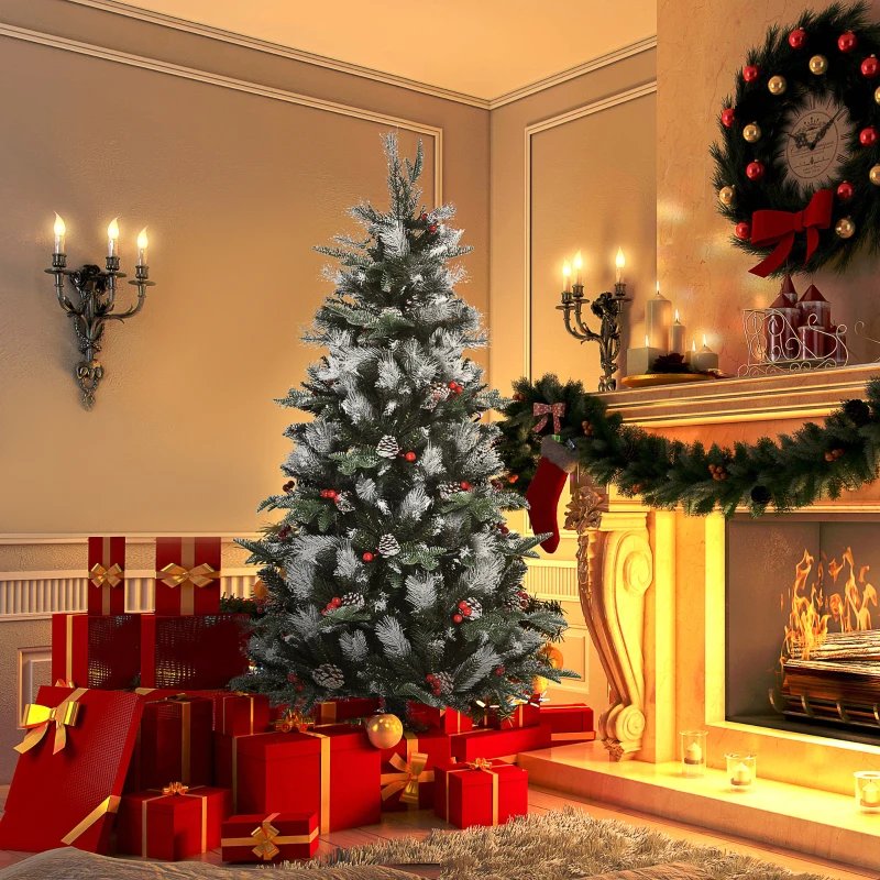 HOMCOM 5ft Artificial Snow Christmas Tree, Xmas Pencil Tree with Foldable Feet Red Berries, White Pinecones, Holiday Home Party Decoration