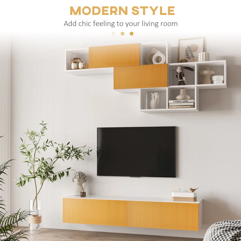 HOMCOM Dulap TV modern cu dulap de perete, centru de divertisment cu rafturi de depozitare pe perete pentru living dormitor, alb si maro deschis