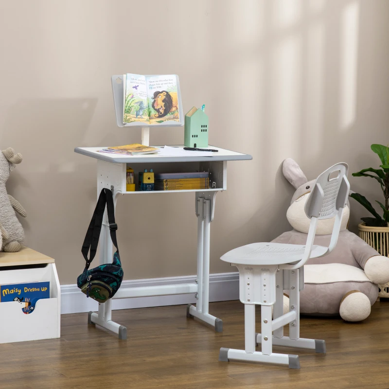HOMCOM Kids Adjustable Desk and Chair Set, Book Stand, Pen Slot - Grey