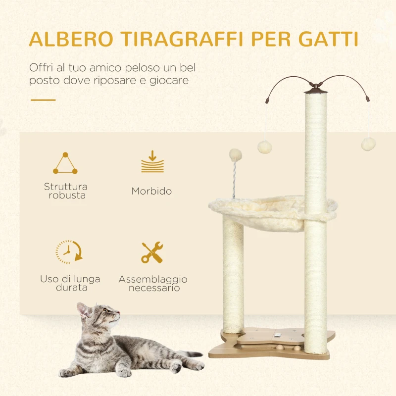 PawHut Albero Tiragraffi per Gatti max 5kg con Amaca, Palline da Gioco e Pali in Sisal, 53.5x53.5x90 cm, Beige