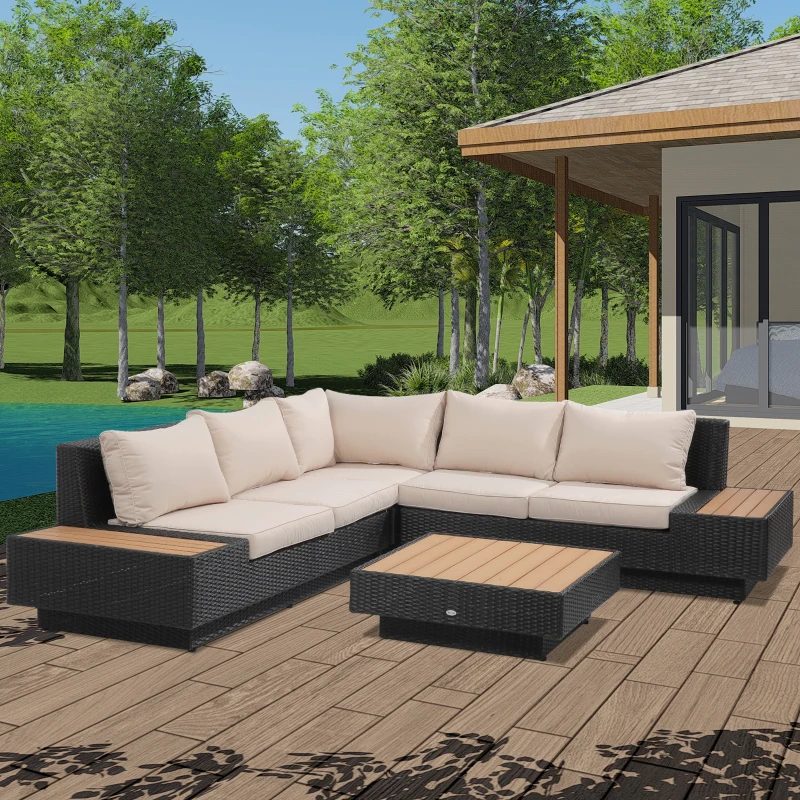 Outsunny luxe tuinset met planken 4 stuks PE rotan zwart