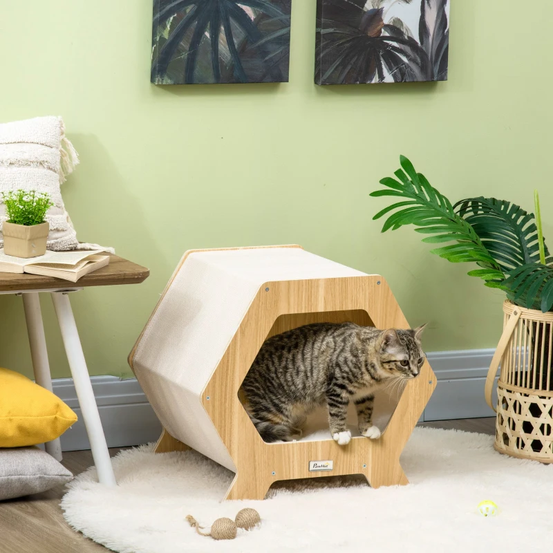 PawHut Casa moderna pentru pisici , pat inaltat pentru pisici, adapost pentru pisici de interior, cu perna moale, instalare usoara, 49,5 x 38,5 x 43,5 cm, stejar