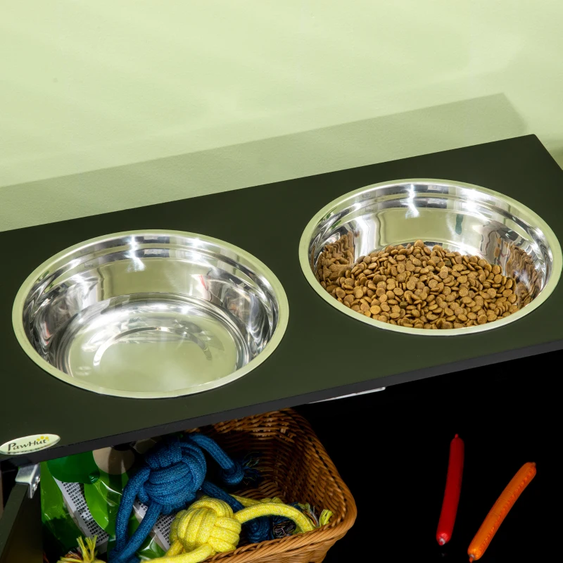 PawHut Statie Hranire Caini Mari – 2 Boluri Inox & Depozitare