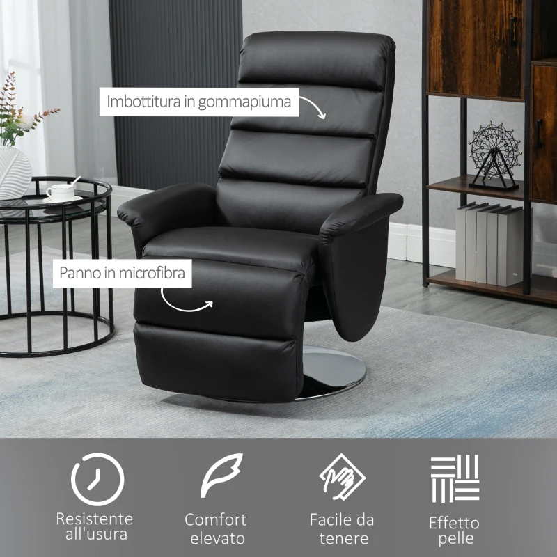 HOMCOM Poltrona Relax Reclinabile e Girevole con Poggiapiedi Effetto Pelle, 75x92x105cm, Nero