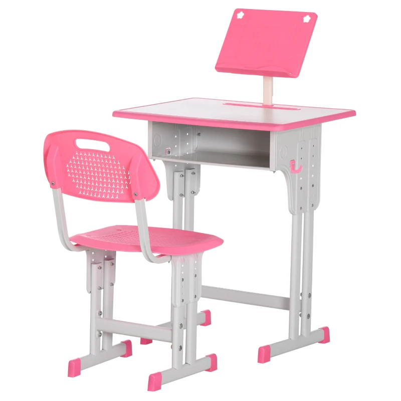 HOMCOM Kids Adjustable Desk and Chair Set, Book Stand, Pen Slot - Pink