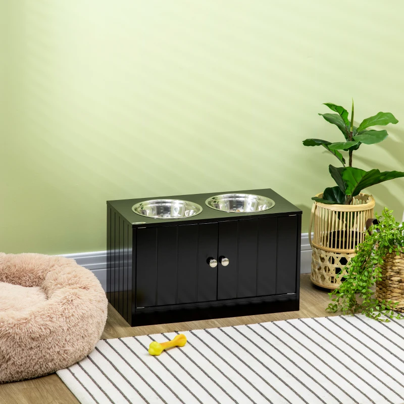 PawHut Statie Hranire Caini Mari – 2 Boluri Inox & Depozitare