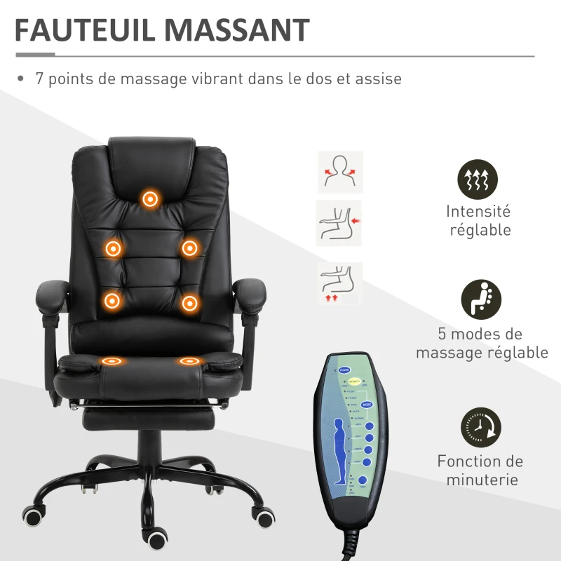 Vinsetto Fauteuil de bureau massant, chaise de bureau, chaise ergonomique avec hauteur réglable, dossier inclinable et télécommande filaire, repose-pieds rétractable et pivotant à 360°, noir(m-4)