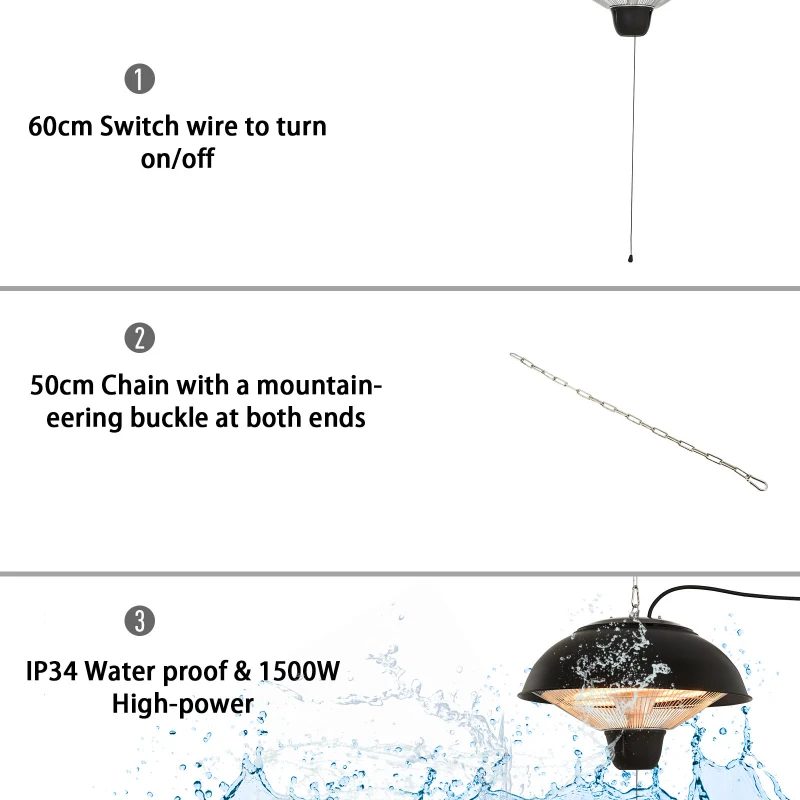 Outsunny Lampa pentru Incalzire Electrica Suspendata pentru Externa cu Iluminatie Led 1500W