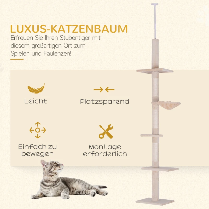 Krabpaal PawHut met sisalpalen, krabpaal voor katten, klimboom voor katten, kattenboom, beige, 40 x 34 x 230-260 cm(m-4)
