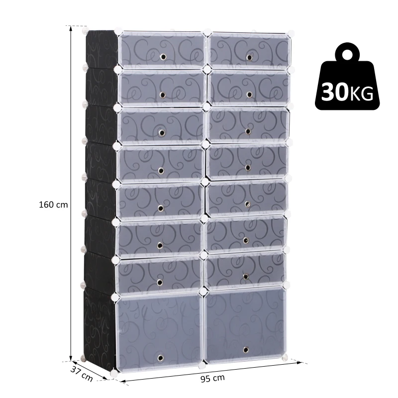 HOMCOM® GARDEROBA REGAŁ SZAFKA NA BUTY DIY 16 KOSTEK Z PP czarny + biały 95 x3 7 x 160 cm