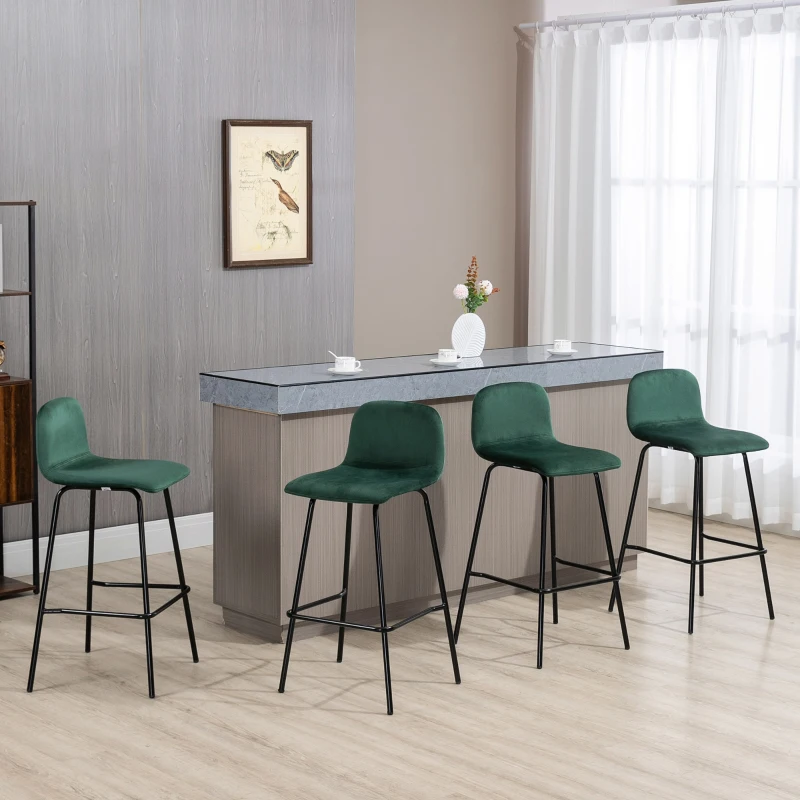 HOMCOM Set de 4 scaune de bar modern, scaun de bucatarie, de bar tapitate cu spatar, picioare de otel, verde