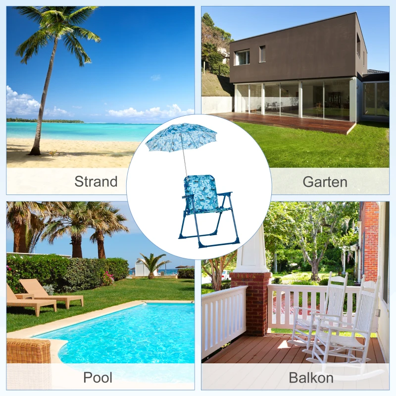 Outsunny Kinder campingstoel met parasol strandstoel opvouwbaar voor 1-3 jaar blauw