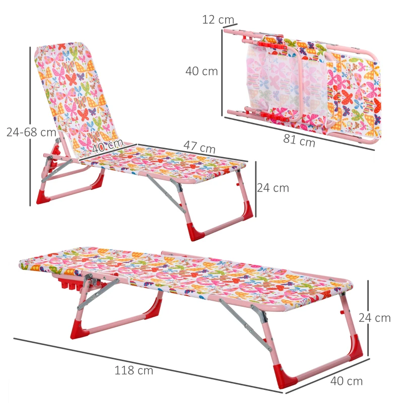 Outsunny leżak dziecięcy do opalania regulowany 180° leżak plażowy leżak ogrodowy leżak wypoczynkowy składany na 2-6 lat metal poliester różowy 118 x 40 x 24 cm