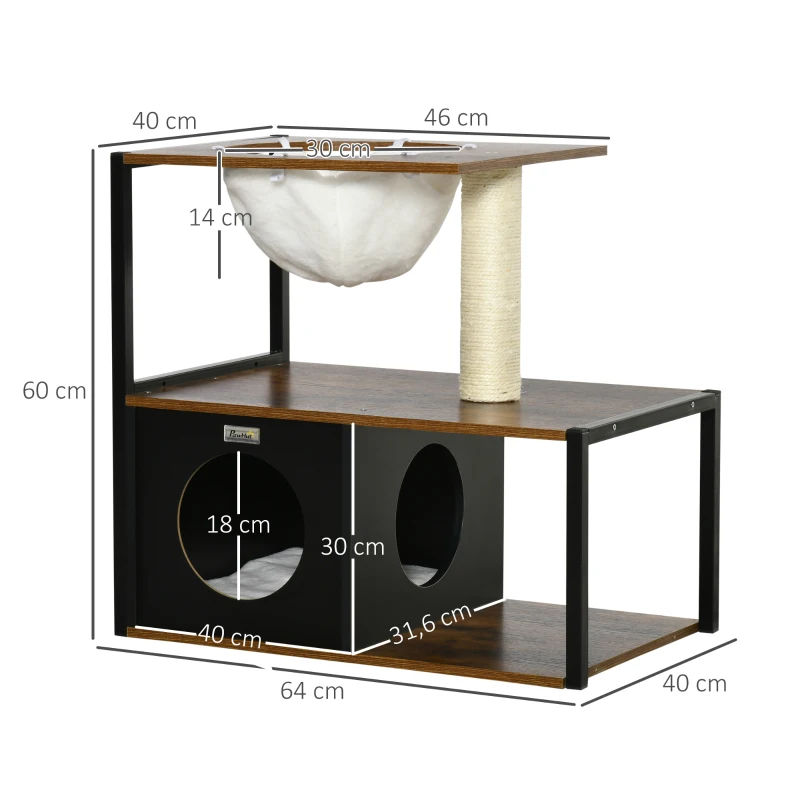 PawHut Kattenmeubel Krabpaal met Kattenhol Kattenhuis met Kattenbed Kussen Hangmat Sisal Bruin 64 x 40 x 60cm