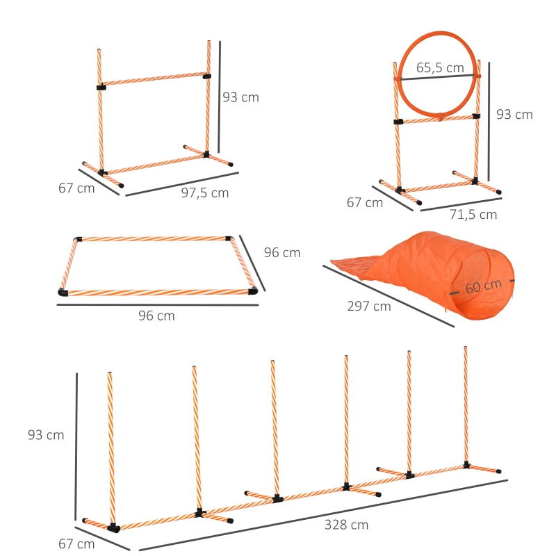 PawHut 5-delig. Behendigheidsset voor honden hondentraining met hondentunnel training voor huisdieren inclusief draagtas gemakkelijk te dragen kunststof polyester oranje + wit