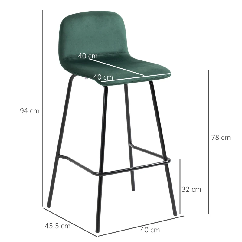 HOMCOM Set de 4 scaune de bar modern, scaun de bucatarie, de bar tapitate cu spatar, picioare de otel, verde