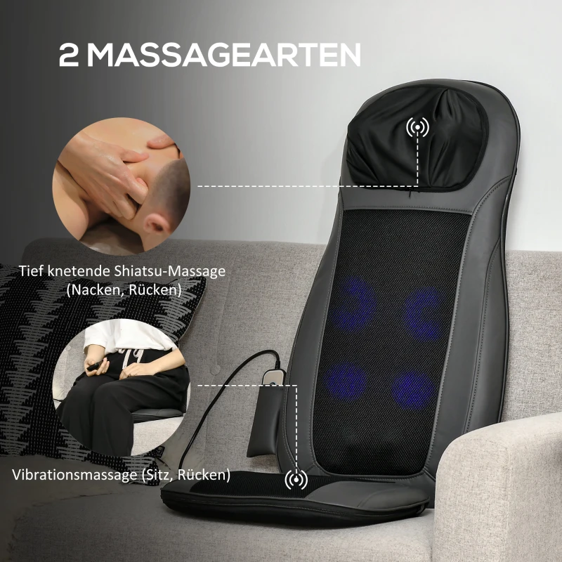 HOMCOM Massagegerät, Massageauflage, Massagefunktion, Vibration, Wärmefunktion, Kunstleder, Schwarz+Grau, 45 x 39 x 78cm