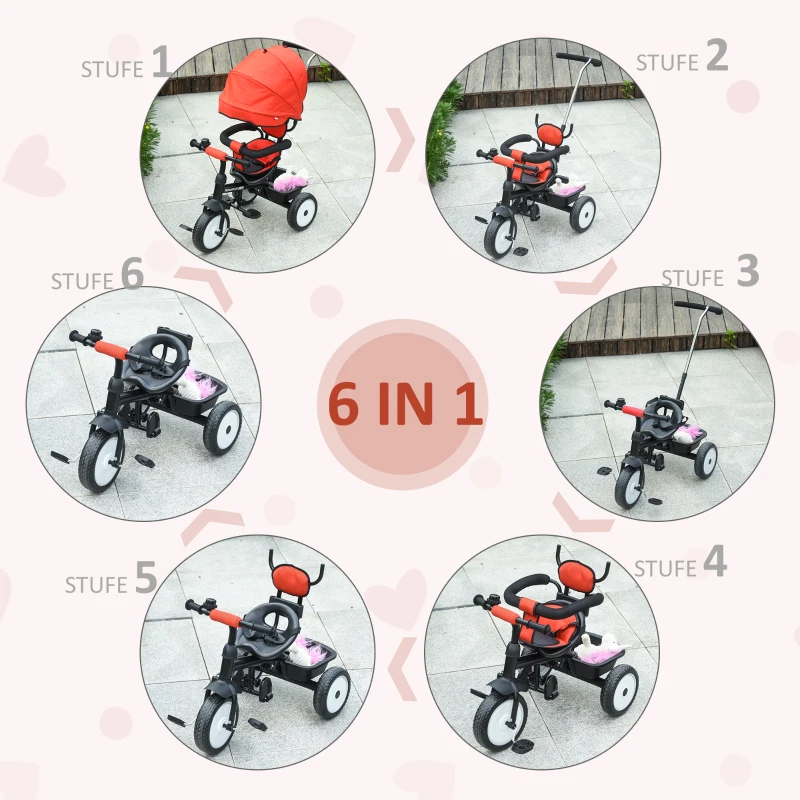 HOMCOM 6 in 1 Kinderdreirad Dreirad Kinder Fahrrad Rad Schubstange Sonnendach Sicherheitsgurt 6-60 Monate Rot+Schwarz 78 x 47 x 99 cm