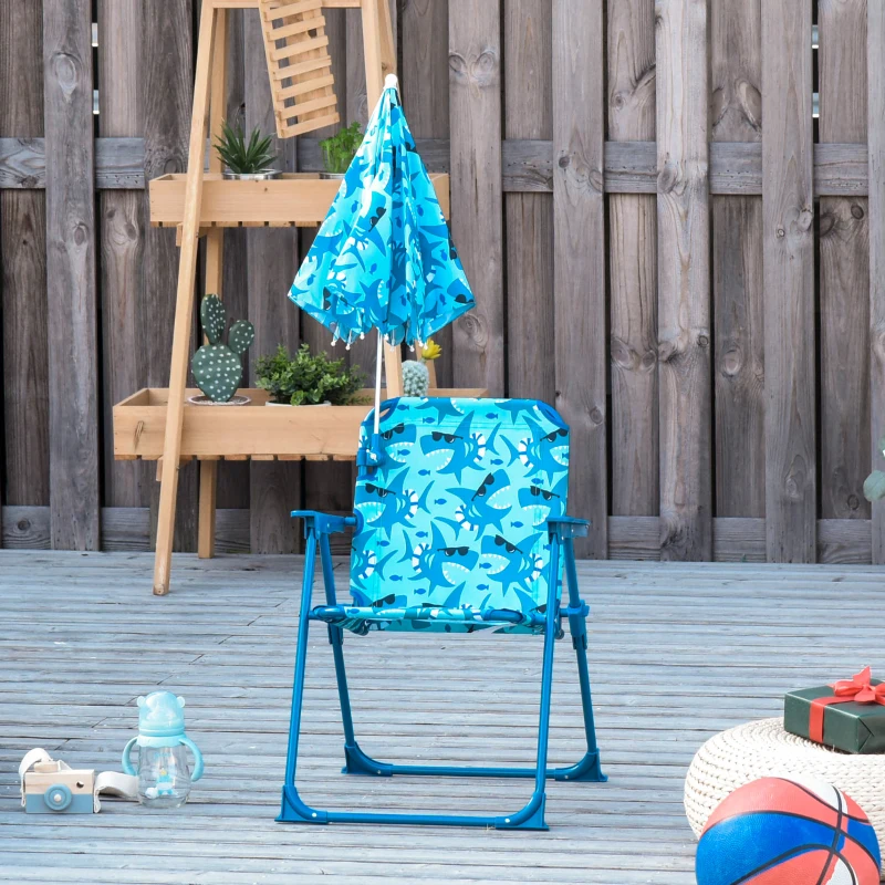 Outsunny Kinder campingstoel met parasol strandstoel opvouwbaar voor 1-3 jaar blauw