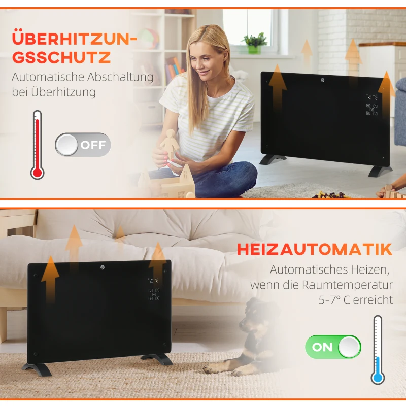 HOMCOM Elektroheizung Elektrische Raumheizung 1000/2000W mit Fernbedienung, 24-Stunden-Timer, LED,s, Schwarz