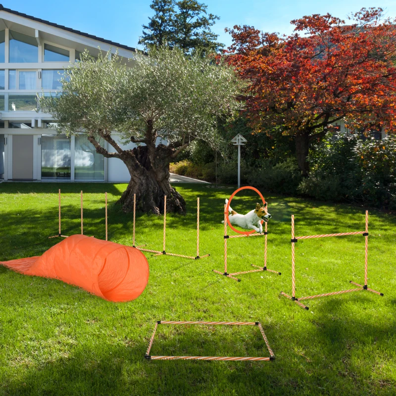PawHut 5-delig. Behendigheidsset voor honden hondentraining met hondentunnel training voor huisdieren inclusief draagtas gemakkelijk te dragen kunststof polyester oranje + wit