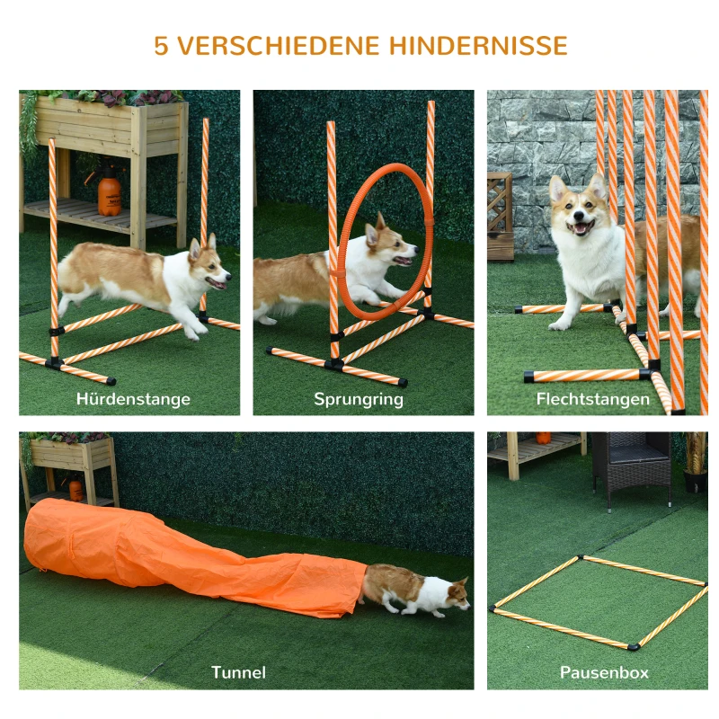 PawHut 5-delig. Behendigheidsset voor honden hondentraining met hondentunnel training voor huisdieren inclusief draagtas gemakkelijk te dragen kunststof polyester oranje + wit