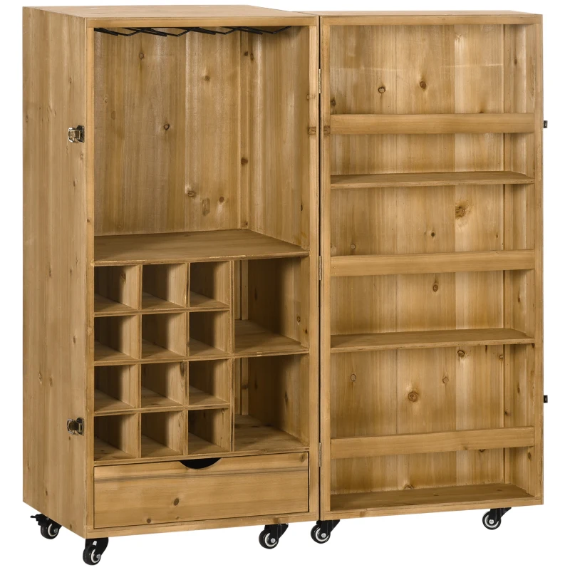 HOMCOM Dulap de vinuri rulant pentru 14 sticle, bufet de bucatarie pe roti cu usa, sertar, rafturi deschise pentru sufragerie, bar de casa, maro inchis