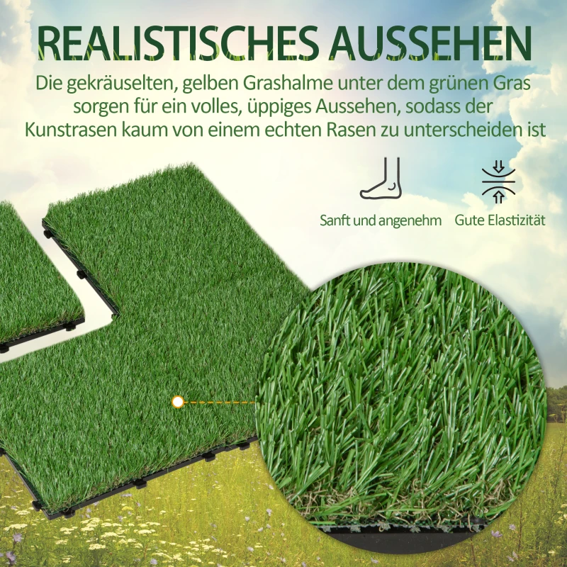Outsunny Terrassenfliesen Set Kunstrasen Grasmatte Bodenfliese 10 Stücke, 25mm, 30x30cm, Grün