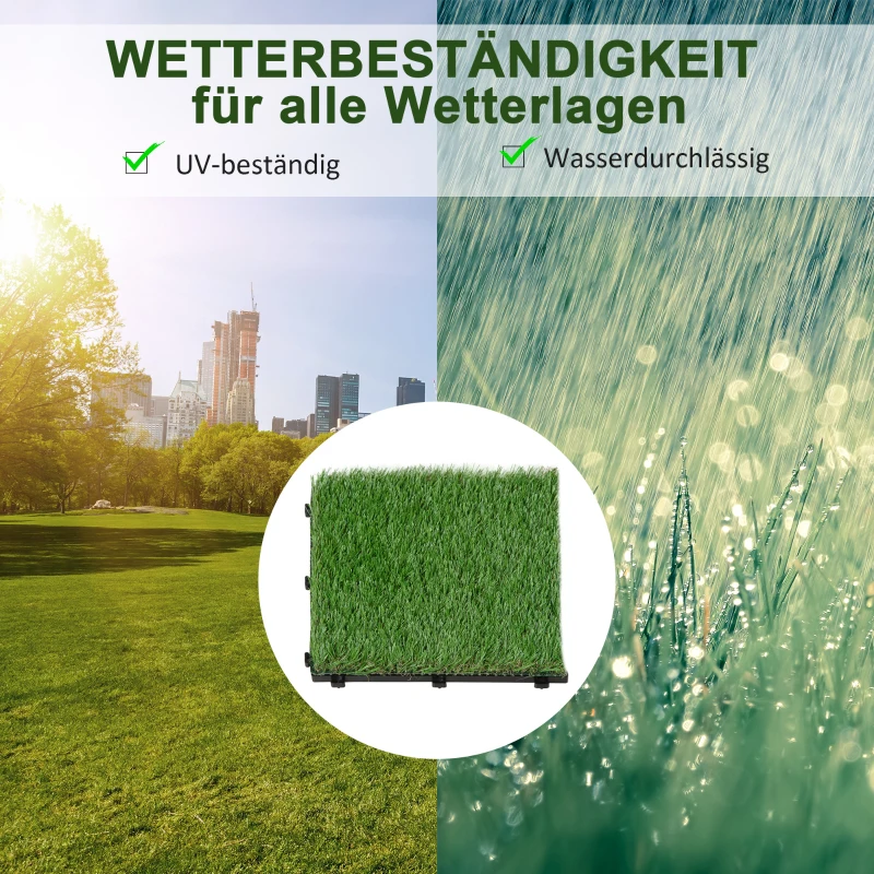 Outsunny Terrassenfliesen Set Kunstrasen Grasmatte Bodenfliese 10 Stücke, 25mm, 30x30cm, Grün