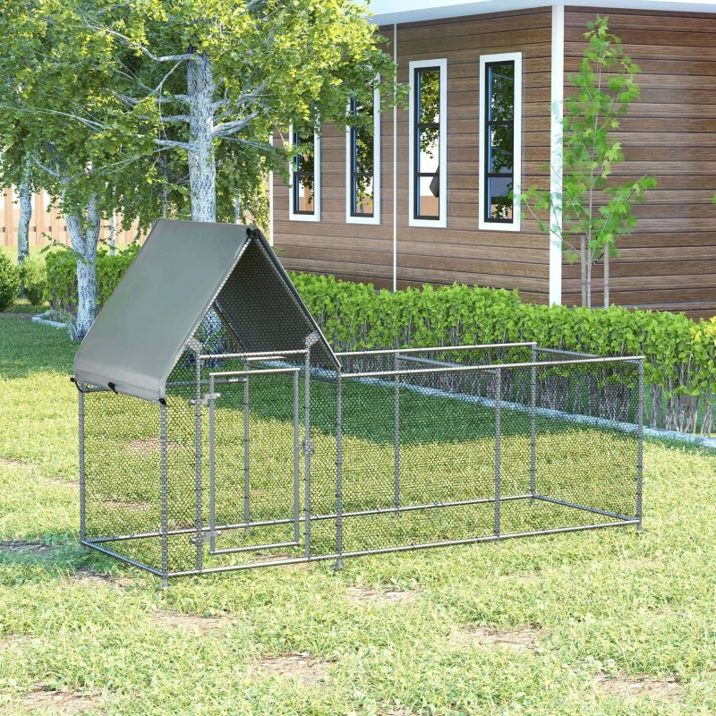 PawHut Walk In Chicken Run, Large Galvanized Chicken Coop Hen House Poultry Coops Cages Rabbit Hutch Metal Enclosure with Water-Resist Cover for Outdoor 302 x 107 x 172cm
