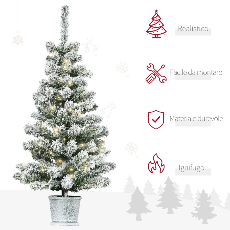 HOMCOM Albero di Natale Artificiale Innevato con 60 Luci LED Bianche e 116 Rami, Albero di Natale con Luci Incorporate, Base con Vaso Rimovibile, Φ40x90cm, Verde