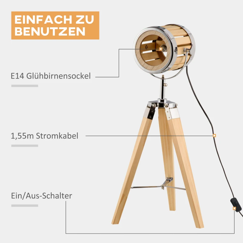 HOMCOM Lampa na statywie z drewna Trójnóg, Design Reflektora 30 cm x 30 cm x 68 cm Drewno Naturalne + Srebrne