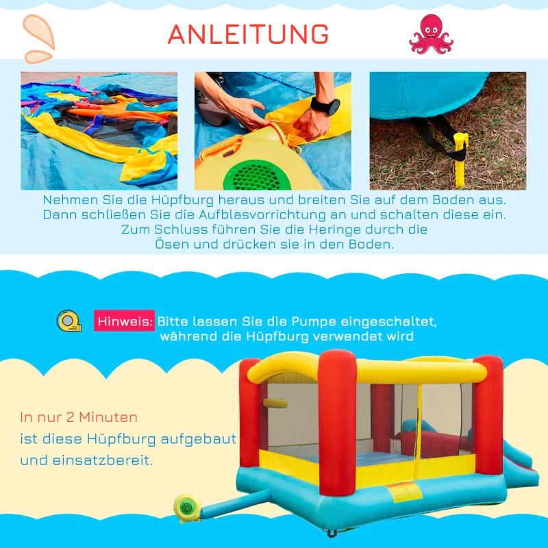 HOMCOM Springkasteel speelkasteel glijbaan speelhuis opblaasbaar kleurrijk 366 x 274 x 183 cm