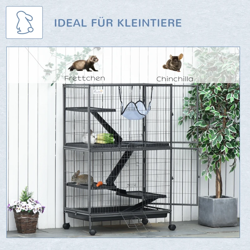 PawHut klatka dla małych zwierząt z hamakami 4-poziomowa klatka XXL odpowiednia dla chomików małych zwierząt świnek morskich metal tworzywo sztuczne kolor srebrny + szary 80 x 52 x128 cm