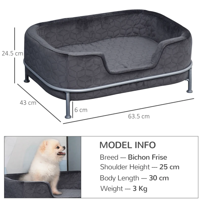 PawHut Canapea pentru câini și pisici, din catifea, cu bază metalică, 63.5x43x24.5cm – gri închis