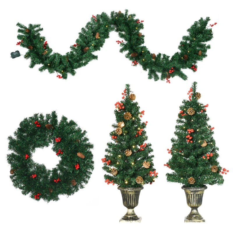 HOMCOM Set de decoratiuni pentru Craciun set 4 piese, coroana de ghirlande si set de 2 copaci cu lumini LED albe calde, fructe de padure rosii, pini de pin, verde
