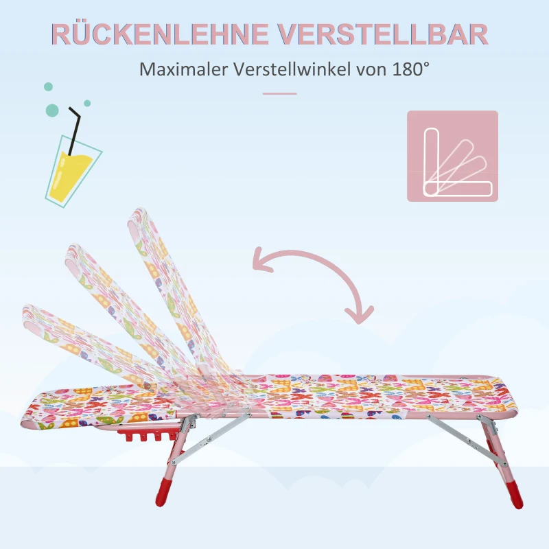 Outsunny Kinder Sonnenliege 180° verstellbar Strandliege Gartenliege Relaxliege Klappbar für 2-6 Jahre Metall Polyester Rosa 118 x 40 x 24 cm