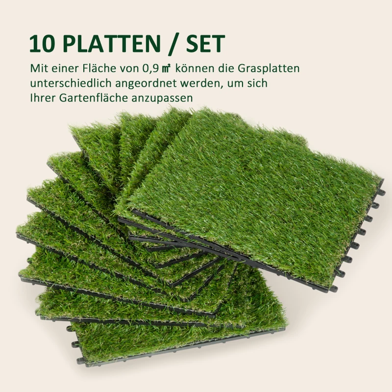 Outsunny Terrassenfliesen Set Kunstrasen Grasmatte Bodenfliese 10 Stücke, 25mm, 30x30cm, Grün
