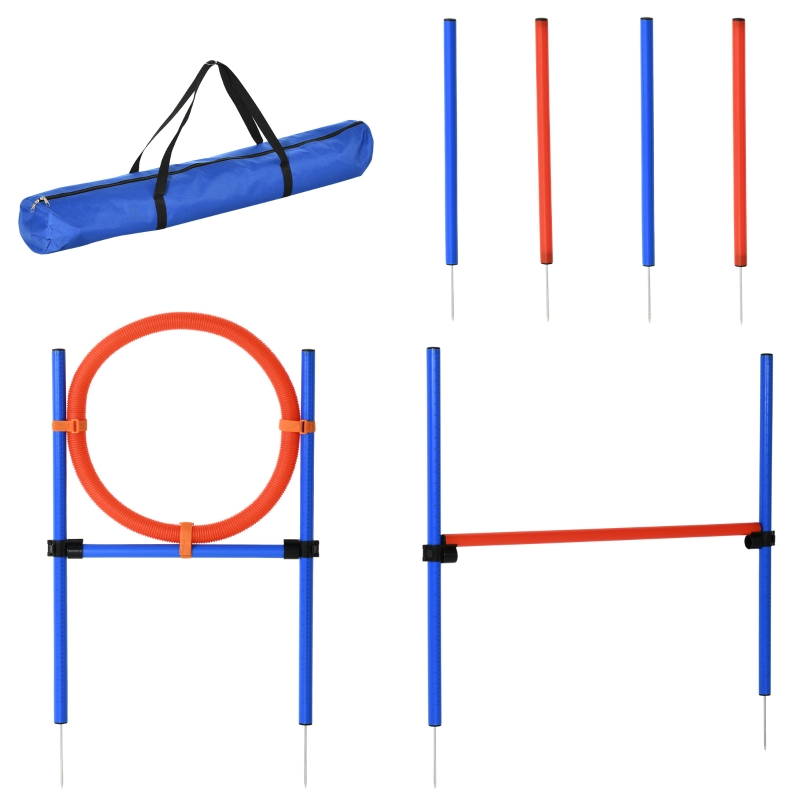 PawHut Agility-Übungs-Set Slalom-Hürden-Sprungring 3 in 1 Hundesport Trainingsplatz PE Blau+Rot