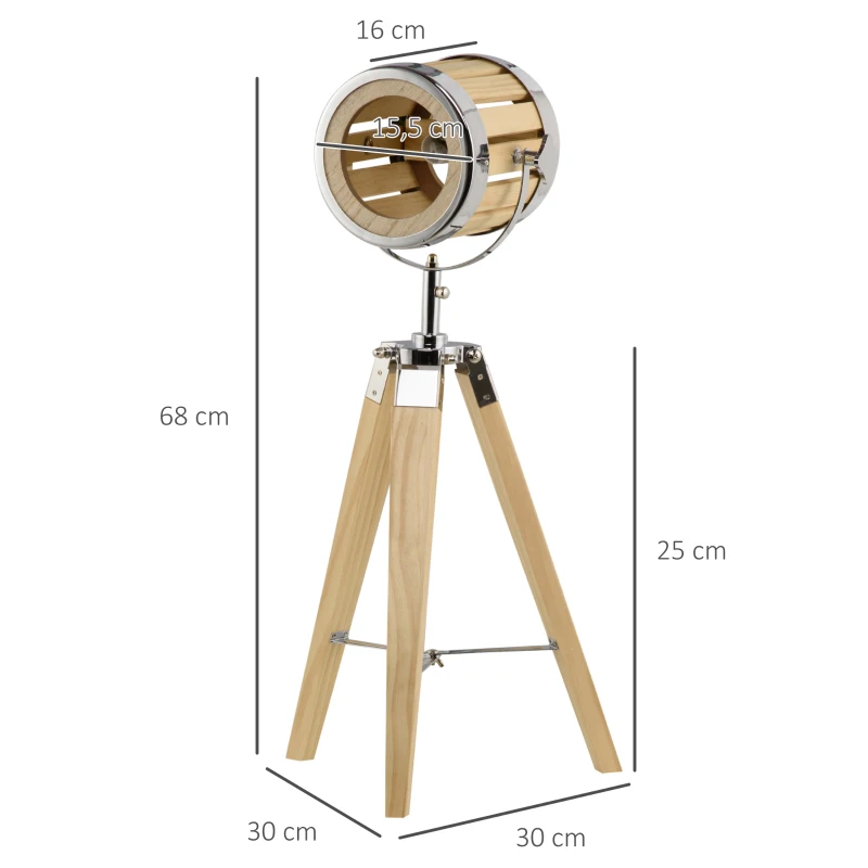 HOMCOM Lampa na statywie z drewna Trójnóg, Design Reflektora 30 cm x 30 cm x 68 cm Drewno Naturalne + Srebrne