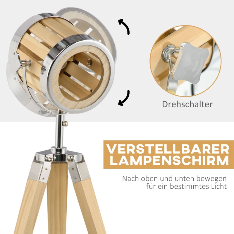 HOMCOM Lampa na statywie z drewna Trójnóg, Design Reflektora 30 cm x 30 cm x 68 cm Drewno Naturalne + Srebrne