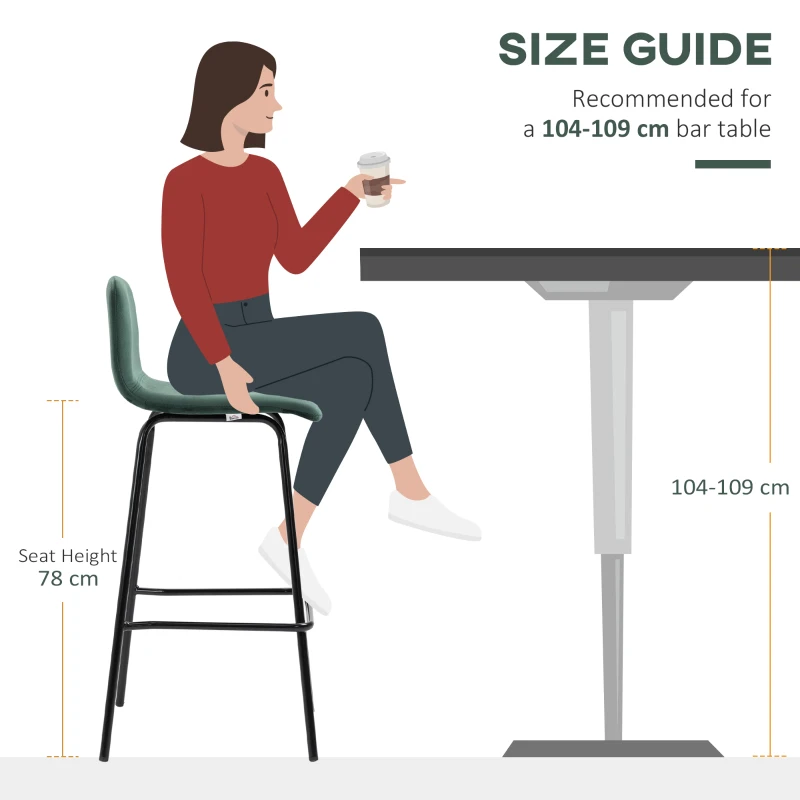 HOMCOM Set de 4 scaune de bar modern, scaun de bucatarie, de bar tapitate cu spatar, picioare de otel, verde