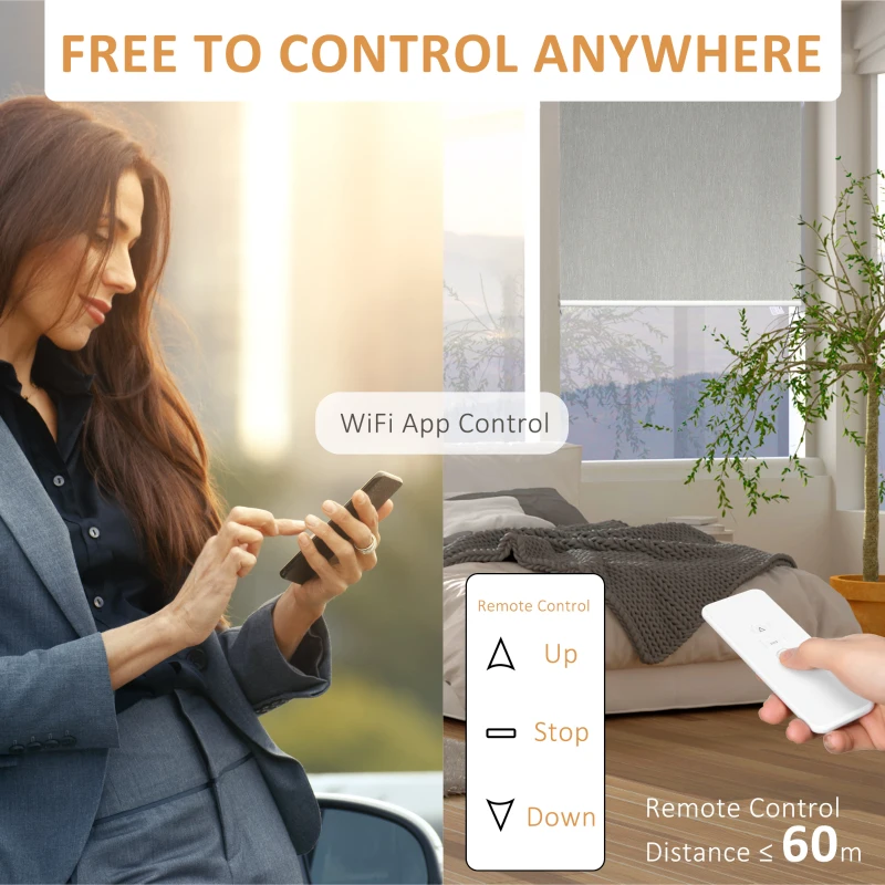 HOMCOM WiFi Smart Roller Blinds Work with TUYA App, Window Shade with Rechargeable Battery, Electric Shades Blind Easy Fit Home Office Living Room Bathroom Kitchen, Grey, 90cm x 180cm