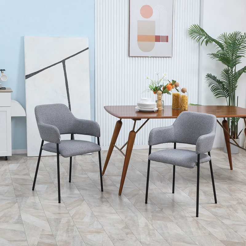 HOMCOM Set de 2 scaune de sufragerie moderne, scaune decorative din material textil la atingere de in cu cotiere, scaune de bucatarie cu picioare de otel pentru sufragerie, albastru