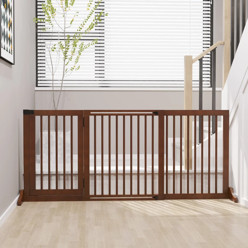 PawHut Barierka zabezpieczająca do drzwi Barierka dla psów Barierka zabezpieczająca Bramka dla psa Barierka konfigurowana, drewno sosnowe, brązowy, 71 x 113–166 cm