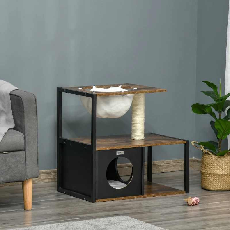 PawHut Kattenmeubel Krabpaal met Kattenhol Kattenhuis met Kattenbed Kussen Hangmat Sisal Bruin 64 x 40 x 60cm