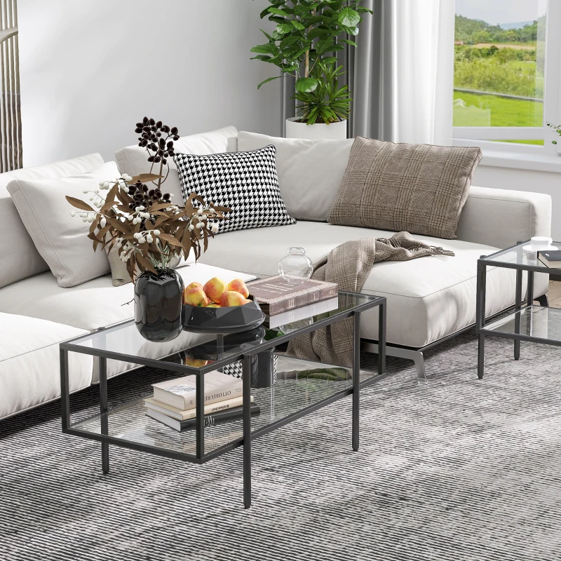 HOMCOM Bijzettafel met Glazen Blad Salontafel met 3 Planken Stalen Frame Zwart